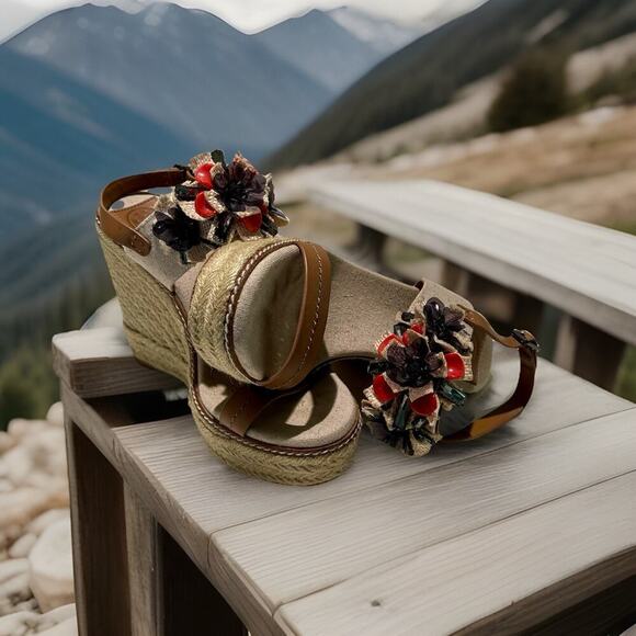 Tory Burch Canvas Leather Espadrille Wedge Sandal Size 8M Beige Brown - Picture 8 of 14